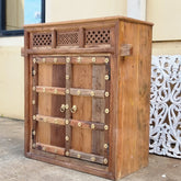 Antique Indian Hand Carved Solid Wooden Old Door Buffet Brass Fitting Cabinet Sideboard 105x47x107.5Cm